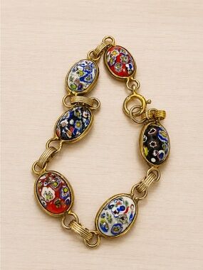 Gold-Tone Multicolor Venetian Millefiori Glass Link Bracelet